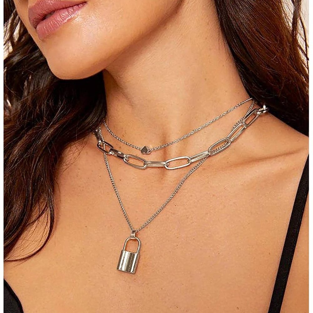 2 Layered Lock Key Pendants Necklaces Set